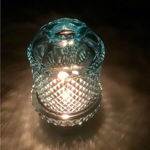 Blue Pressed Viking Glass Pedestal Candle Holder Fairy Lamp